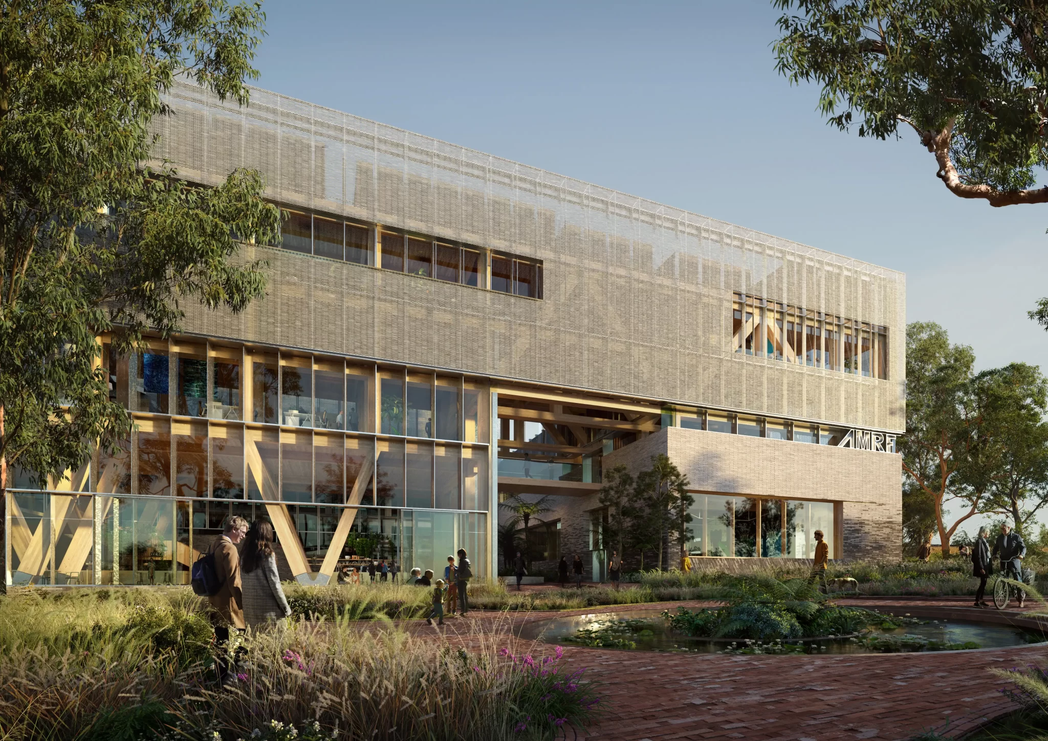 Rendered image of a modern five-storey research facility in Bradfield, featuring timber beams, glass panels, and landscaped public space with people walking.
