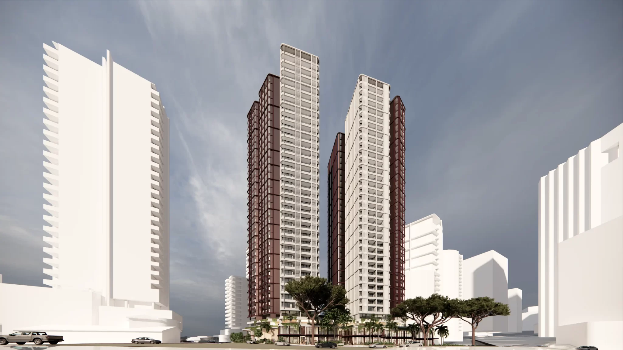 Architectural rendering of a proposed 36-storey twin-tower development in Chatswood, featuring a glazed façade, deep vertical framing elements, and ground-level landscaping.