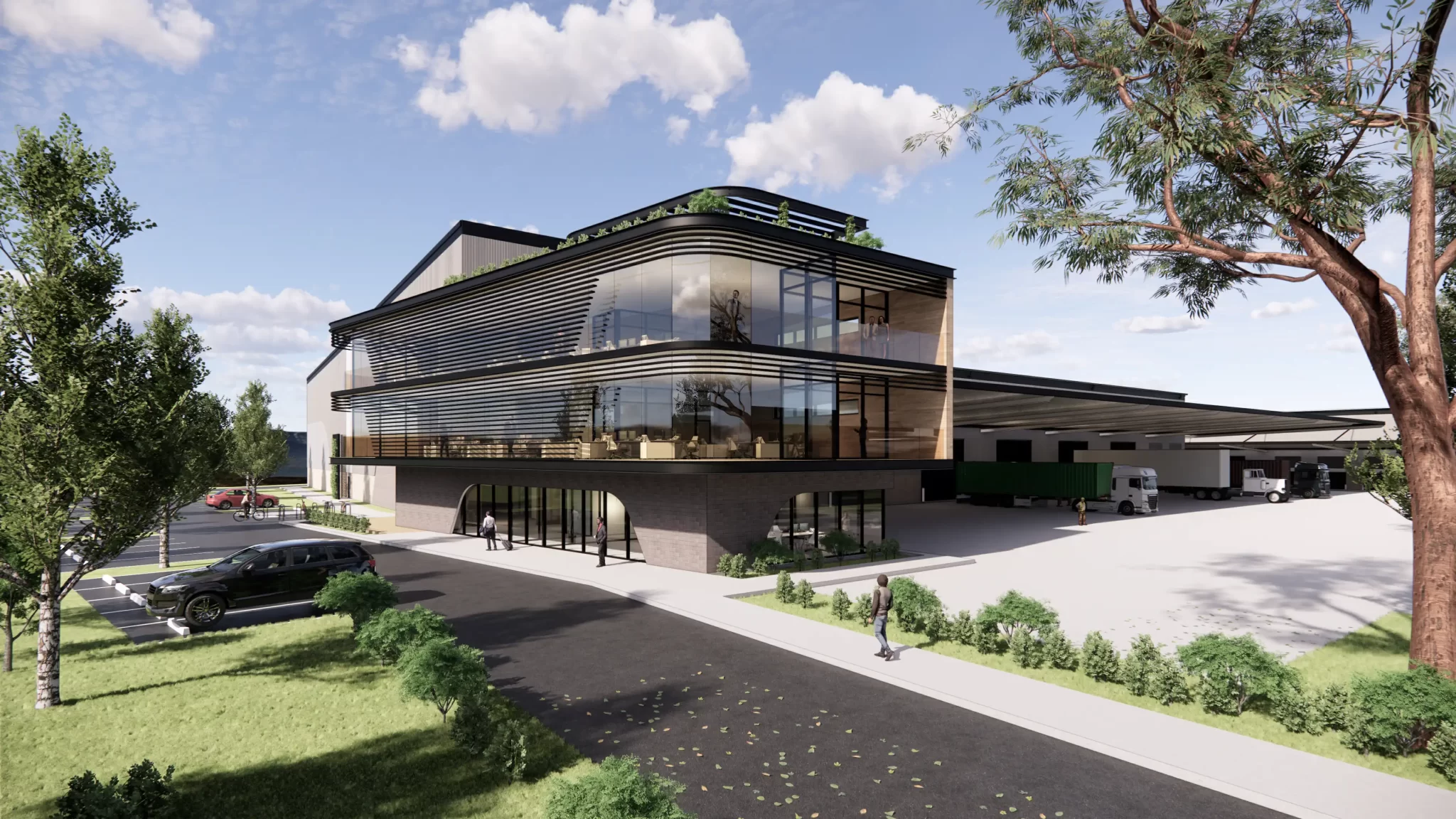 3D rendered image of a modern industrial warehouse and office building with curved glass façades, landscaped surroundings, and loading bays with parked trucks.