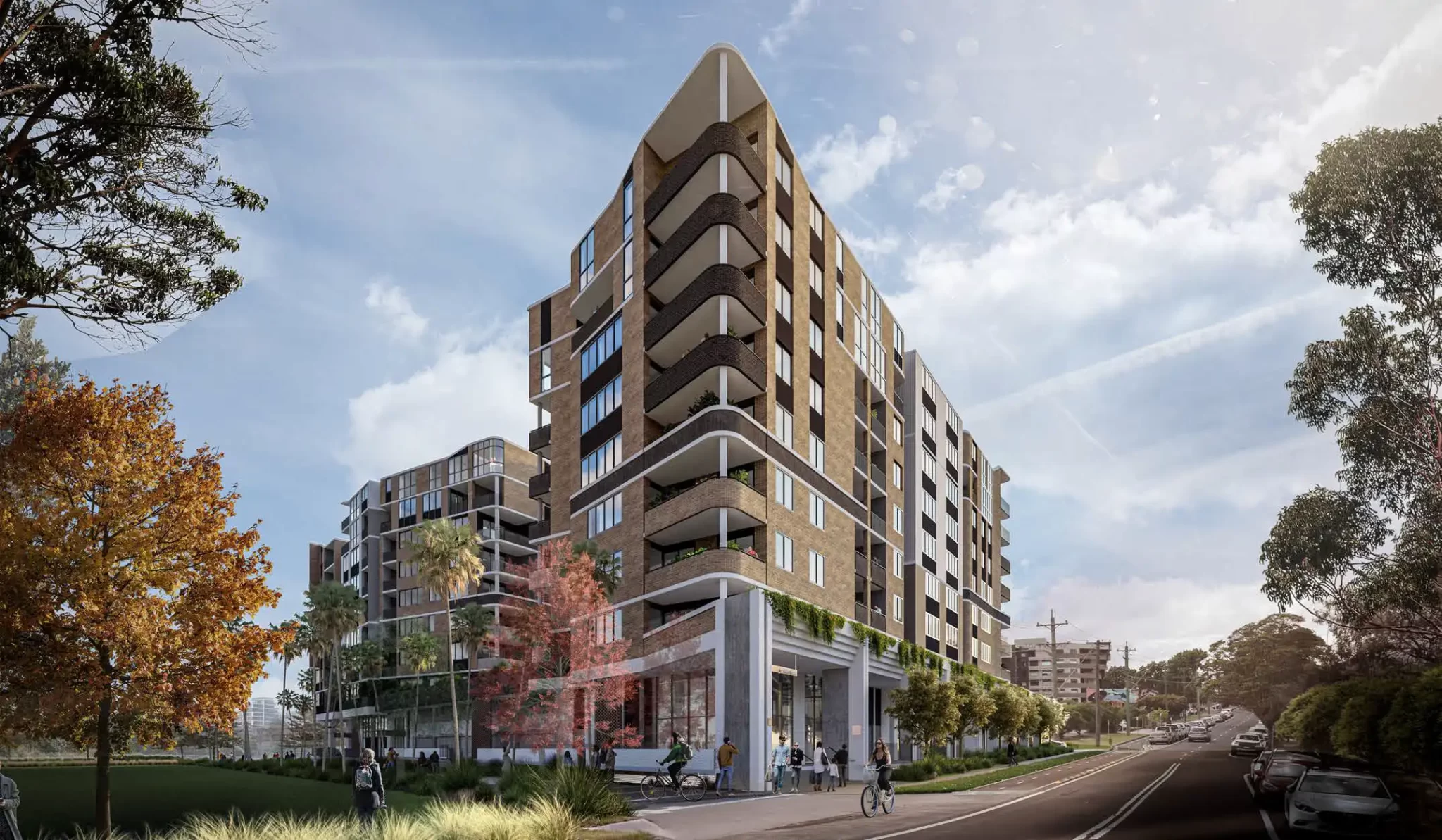 Architectural rendering of a modern mixed-use development with residential apartments, retail spaces, and landscaped areas on Smith Street, Wollongong.