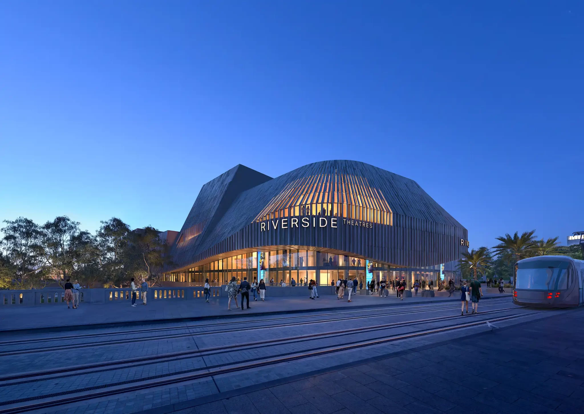 Render of the proposed Riverside Theatres redevelopment in Parramatta, showing a curved, timber-clad façade and light rail in foreground.