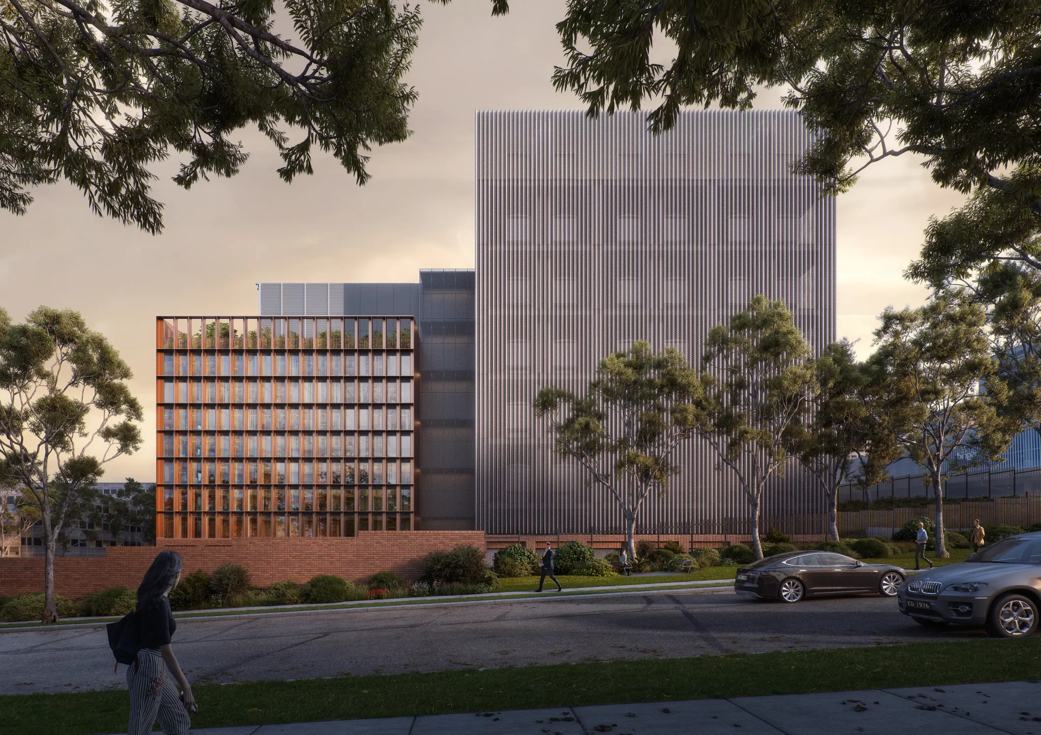 Photorealistic render of a modern data centre in Artarmon with two contrasting façade styles, landscaped foreground, and people walking along the street.