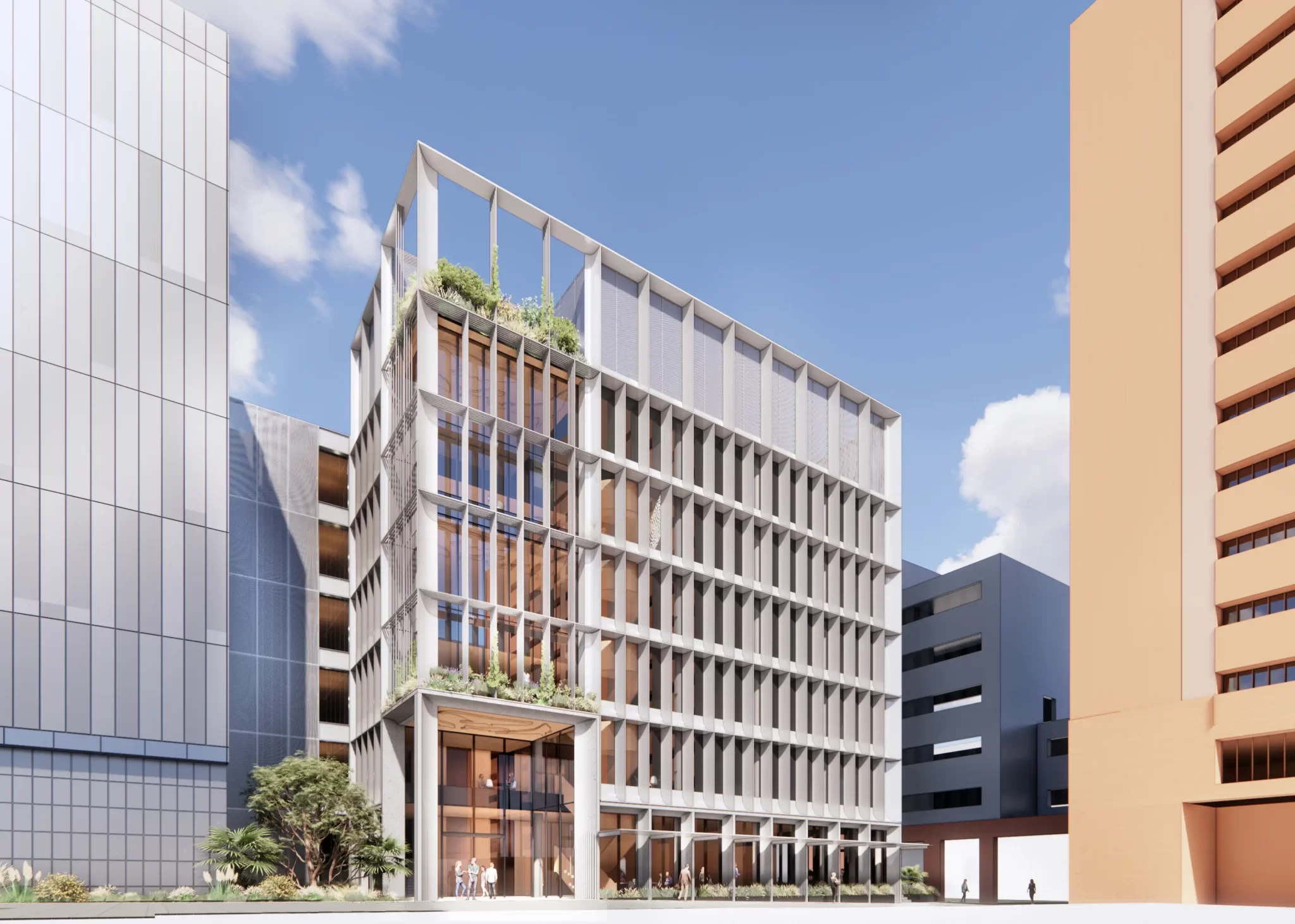 Render of UNSW Building E25 Biolink redevelopment with new façade, rooftop landscaping, and surrounding campus buildings in Kensington.