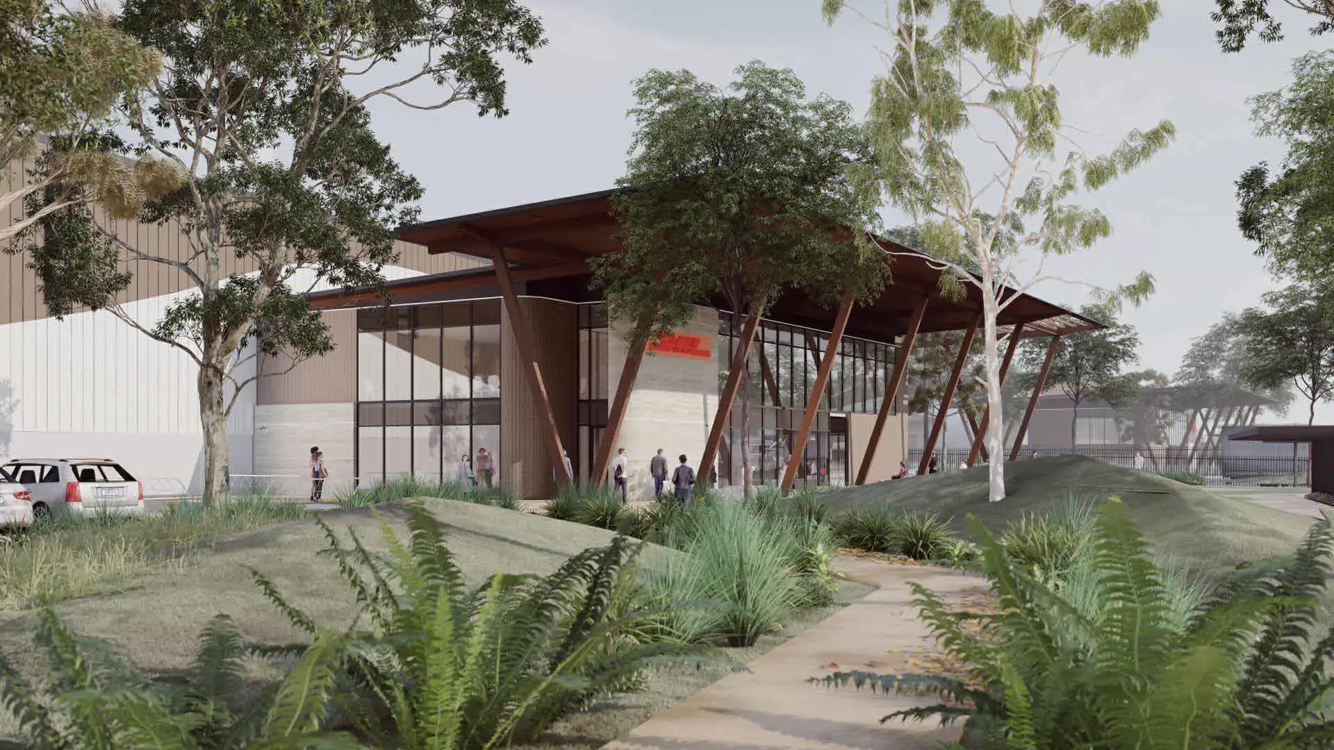 Rendered architectural perspective of a DHL logistics facility featuring a glass-walled office entry with timber columns, surrounded by landscaped greenery.