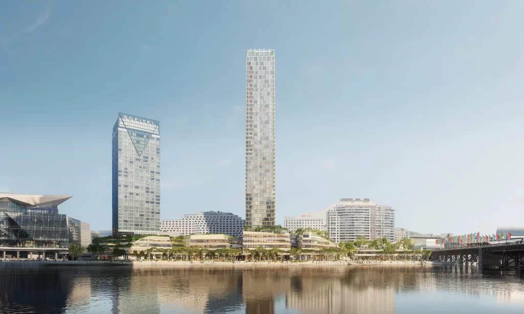 Photorealistic render of the Harbourside redevelopment in Darling Harbour, showing the proposed residential tower, stepped podium, and adjacent public domain along the waterfront.