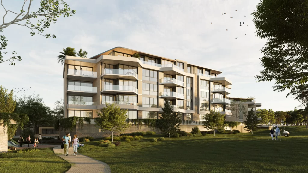 Architectural rendering of a modern seniors apartment building overlooking landscaped parkland at Cumberland Country Golf Club in Greystanes.