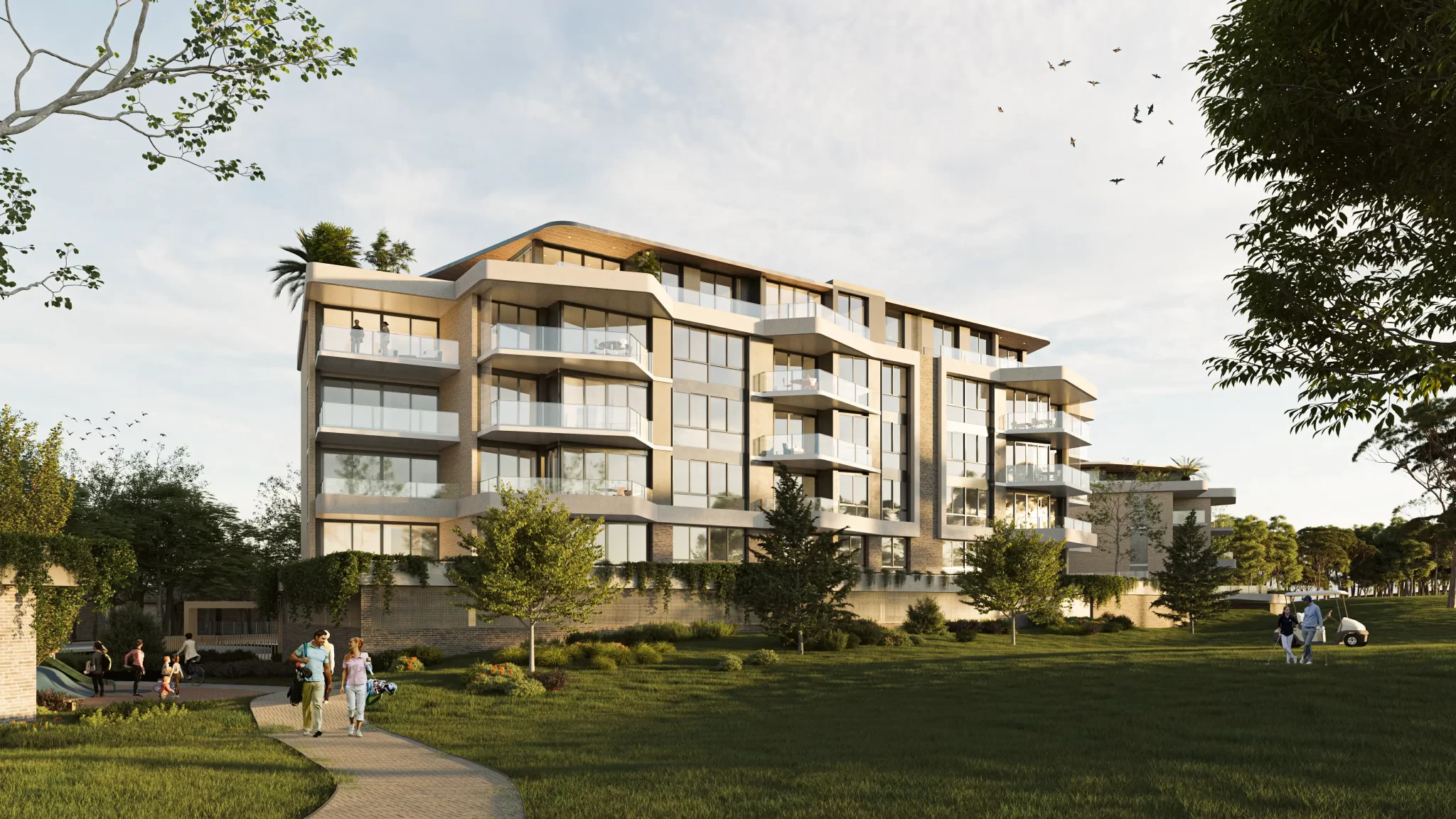 Architectural rendering of a modern seniors apartment building overlooking landscaped parkland at Cumberland Country Golf Club in Greystanes.