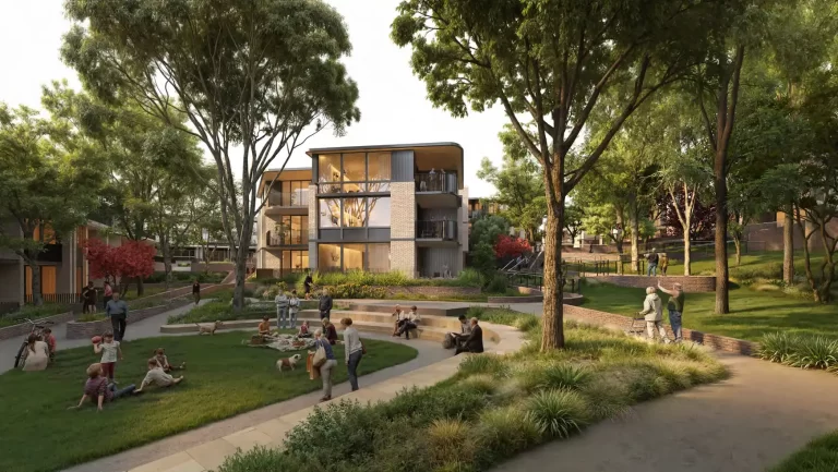 Rendered image of a landscaped seniors housing precinct with low-rise residential buildings, open green space, and people of all ages enjoying the outdoor area.