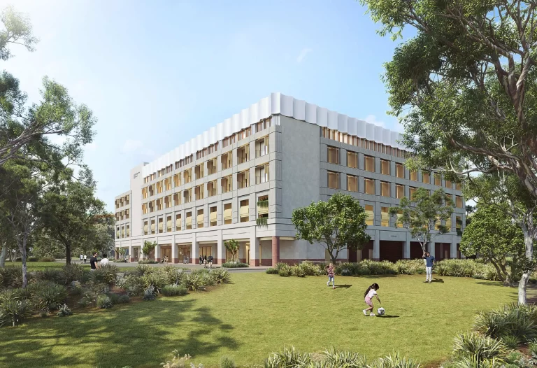 Rendering of new private hospital at Macarthur Health Precinct in Campbelltown with landscaped open space and community activity.