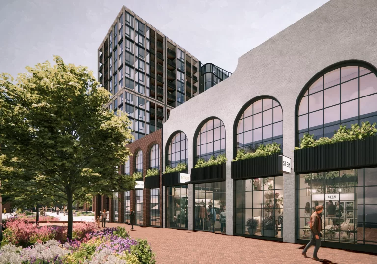 Architectural rendering of Rozelle Village showing ground-level retail with large arched windows, greenery, and a residential tower behind.