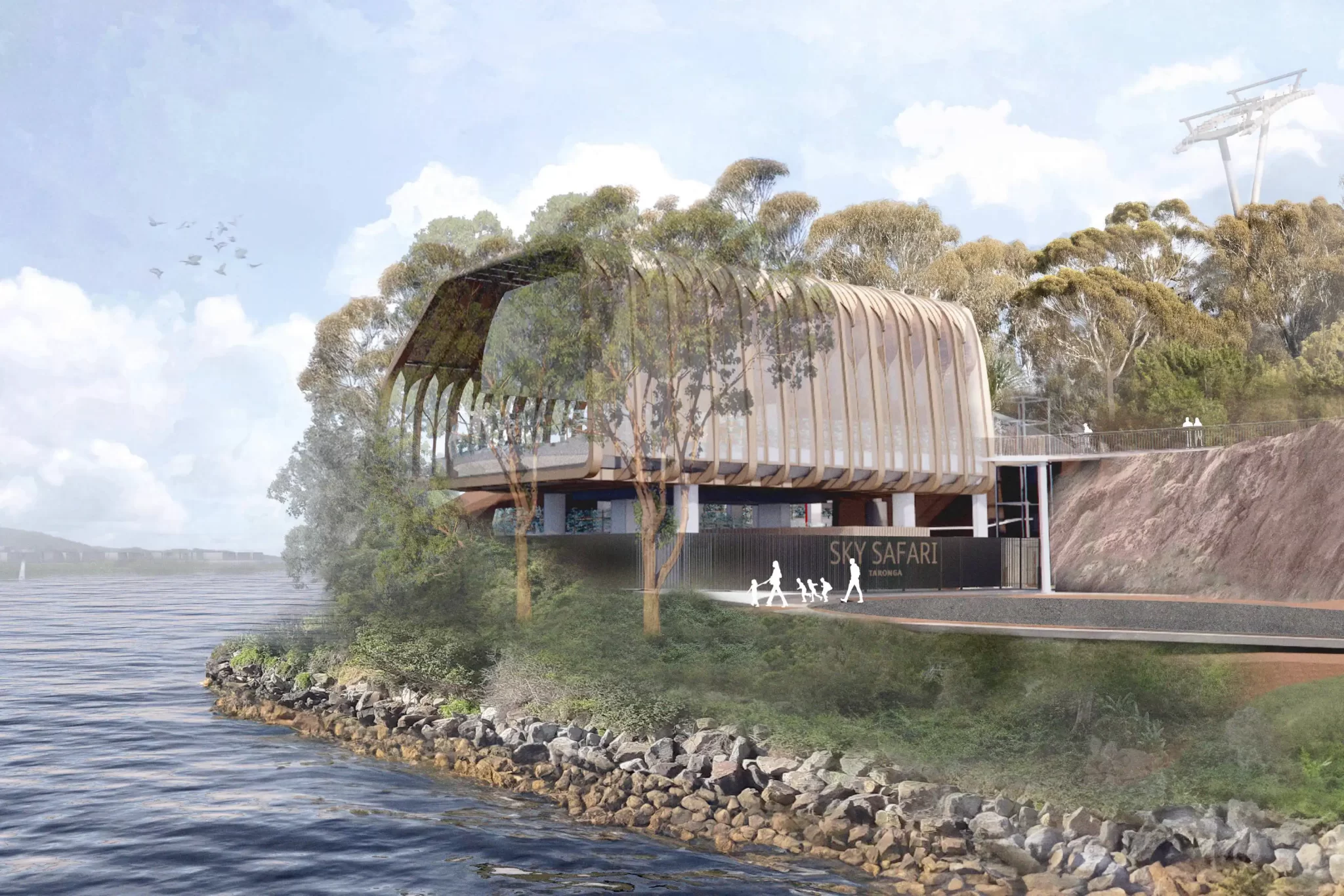 Architectural rendering of the proposed Sky Safari lower station at Taronga Zoo, featuring a curved timber facade, elevated structure, and waterfront setting.