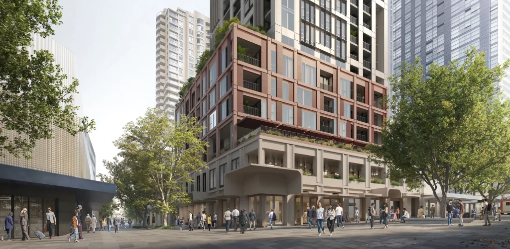 Rendered street view of the proposed Novus Build-to-Rent tower in Chatswood, showing two-level podium with retail, people walking, and trees.