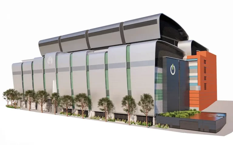 Rendering of the proposed DigiCo SYD1 data centre expansion in Ultimo, showing a multi-storey, curved-roof building with metallic cladding and green vertical fins.