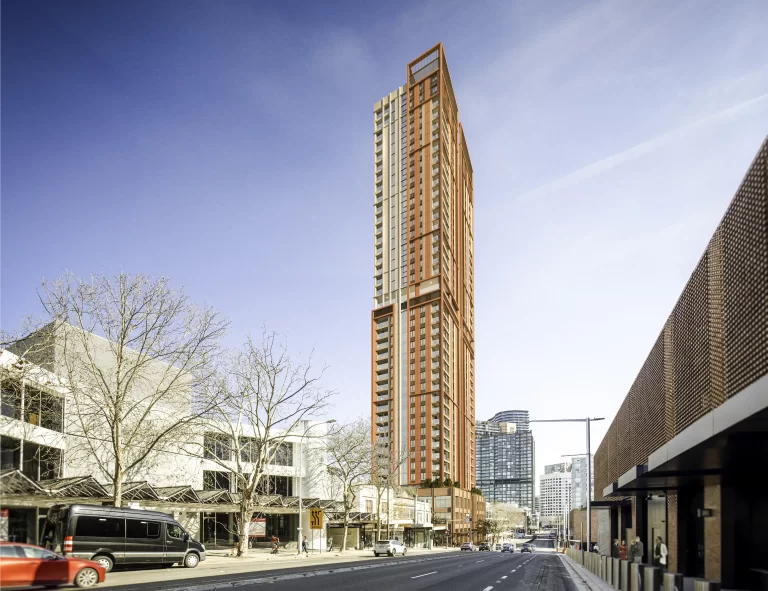 Photomontage of a proposed 40-storey mixed-use tower in Crows Nest, viewed from Pacific Highway near the Crows Nest Metro Station.