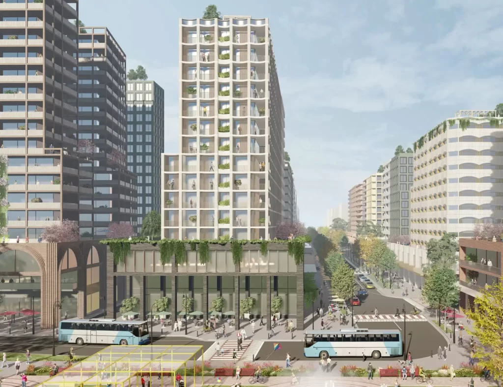 Council Submits Master Plan for St Marys Metro TOD Precinct Architectural rendering of a high-density urban street within the proposed St Marys TOD precinct, featuring tall residential towers, buses, pedestrians, and active public spaces.