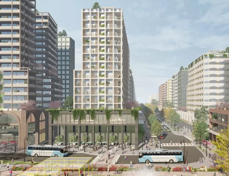 Architectural rendering of a high-density urban street within the proposed St Marys TOD precinct, featuring tall residential towers, buses, pedestrians, and active public spaces.