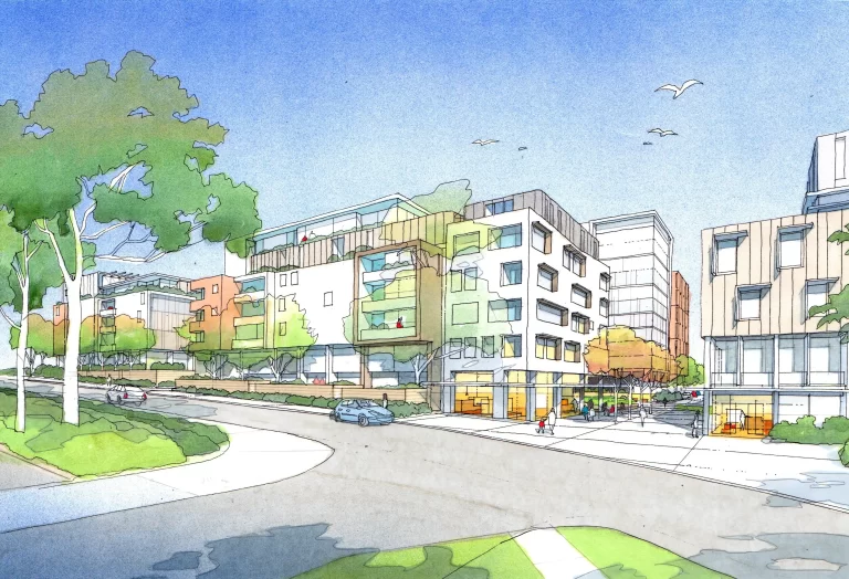 Illustration of a mixed-use residential development with mid-rise buildings, landscaped streets, and active ground-level retail frontages.