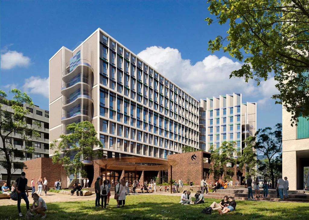 Rendered image of the University of Newcastle’s newly approved $100 million student accommodation building in the Honeysuckle precinct, showing a nine-storey structure with modern facades, brick podium, and landscaped public space filled with people.