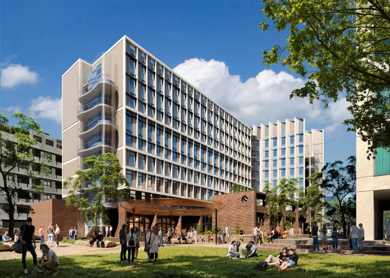 Rendered image of the University of Newcastle’s newly approved $100 million student accommodation building in the Honeysuckle precinct, showing a nine-storey structure with modern facades, brick podium, and landscaped public space filled with people.