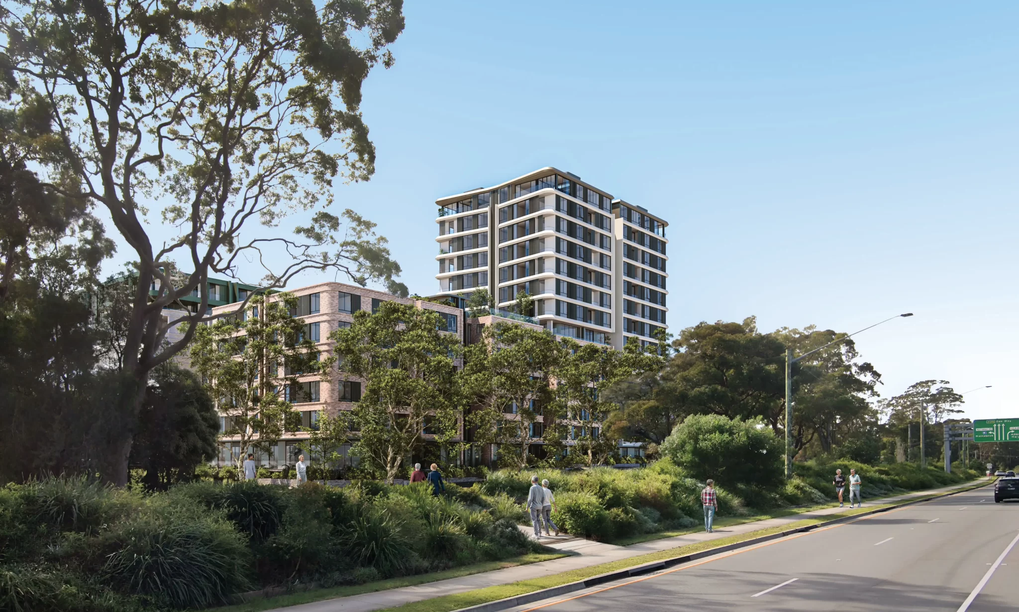 Street-level view of a proposed seniors housing development at Skyline Place, showing a 14-storey tower and landscaped pedestrian pathway.