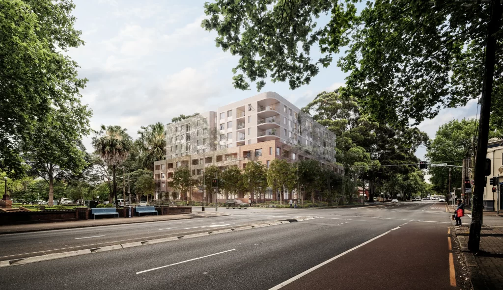 Photomontage of an eight-storey affordable housing development by Homes NSW at the corner of Botany Road and Coward Street, Mascot, surrounded by mature trees and open streetscape.