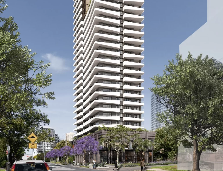 Street-level view of a high-rise residential tower with white horizontal balconies, street trees, and pedestrians in Chatswood.