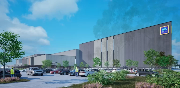 Render of ALDI’s proposed automated distribution centre in Bradfield, Western Sydney, showing the high-bay warehouse, staff car park, and landscaped frontage.