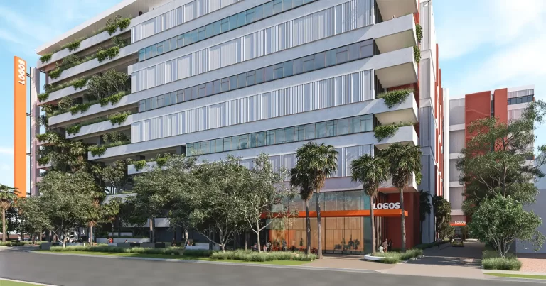 Architectural rendering of a modern multi-storey warehouse and office building by LOGOS, featuring horizontal greenery and an orange-accented entrance along a tree-lined street.
