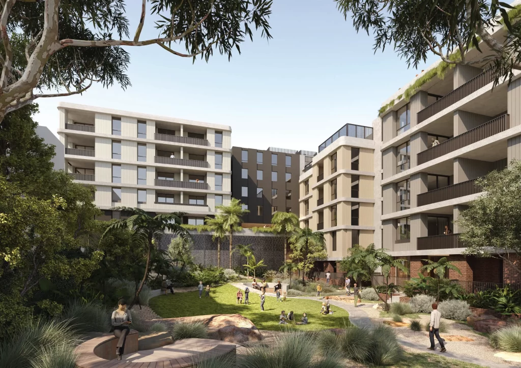 Architectural rendering of a landscaped courtyard surrounded by five-storey apartment buildings with balconies, trees, and people enjoying outdoor space.