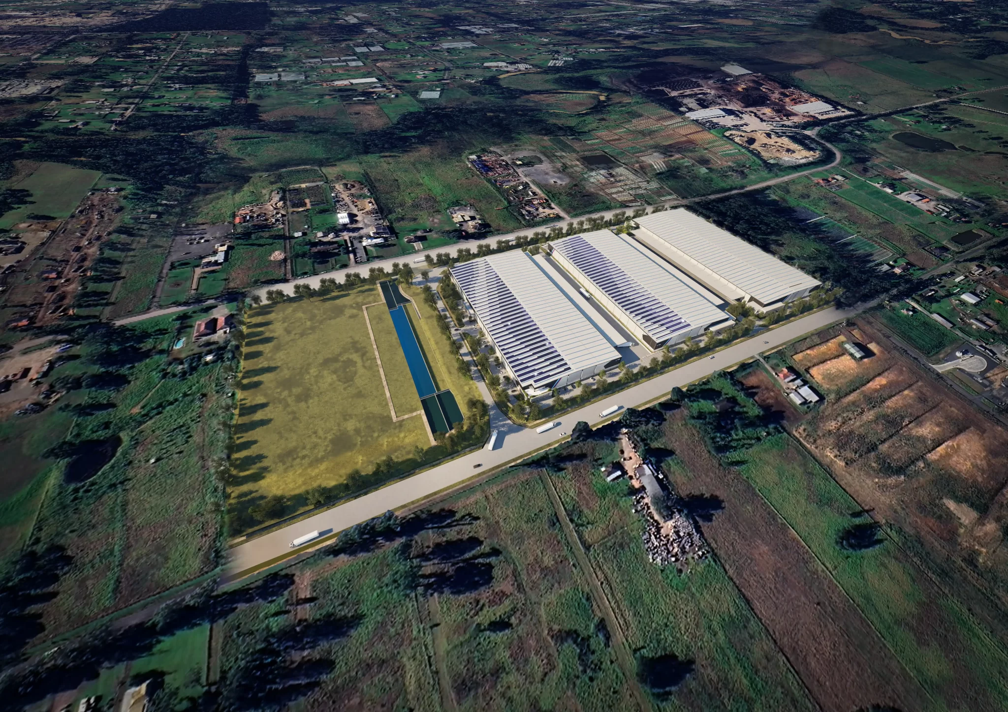 Aerial render of the proposed ESR Badgerys Creek Industry Park showing four large warehouse buildings with solar panels, internal roads, and adjacent landscaped stormwater basins.