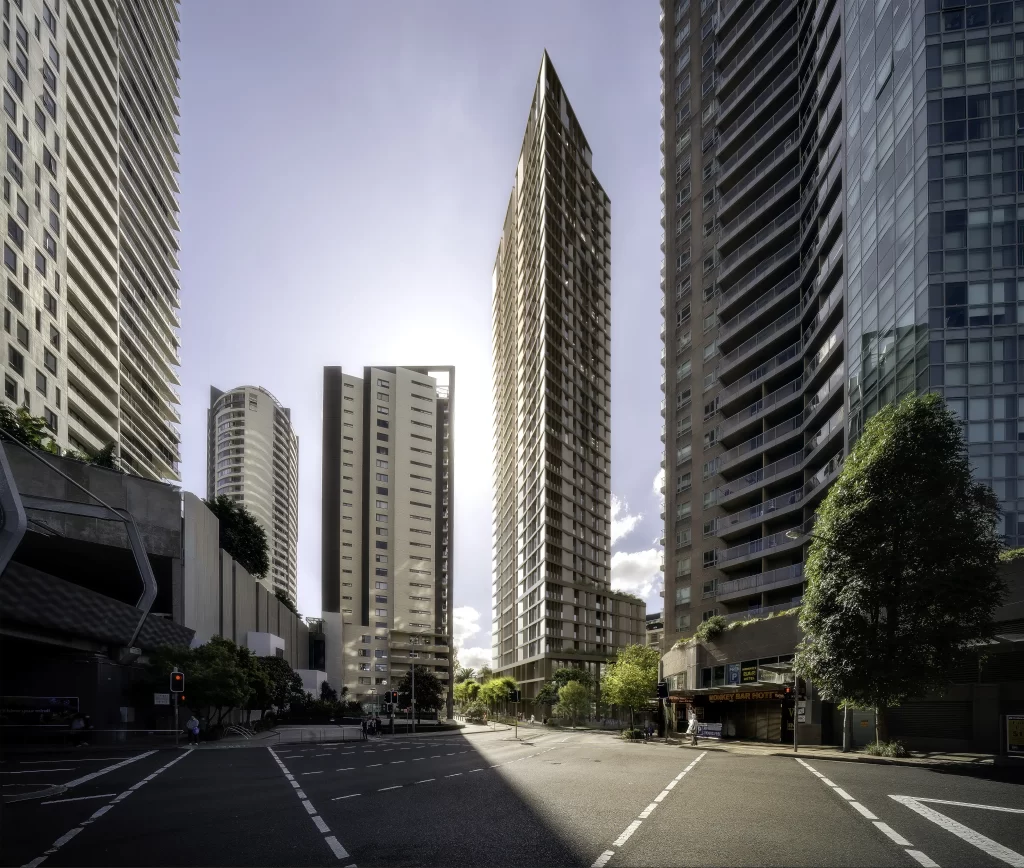 Photomontage of a proposed 35-storey mixed-use tower at 3–5 Help Street, Chatswood, viewed from a nearby intersection surrounded by high-rise buildings.