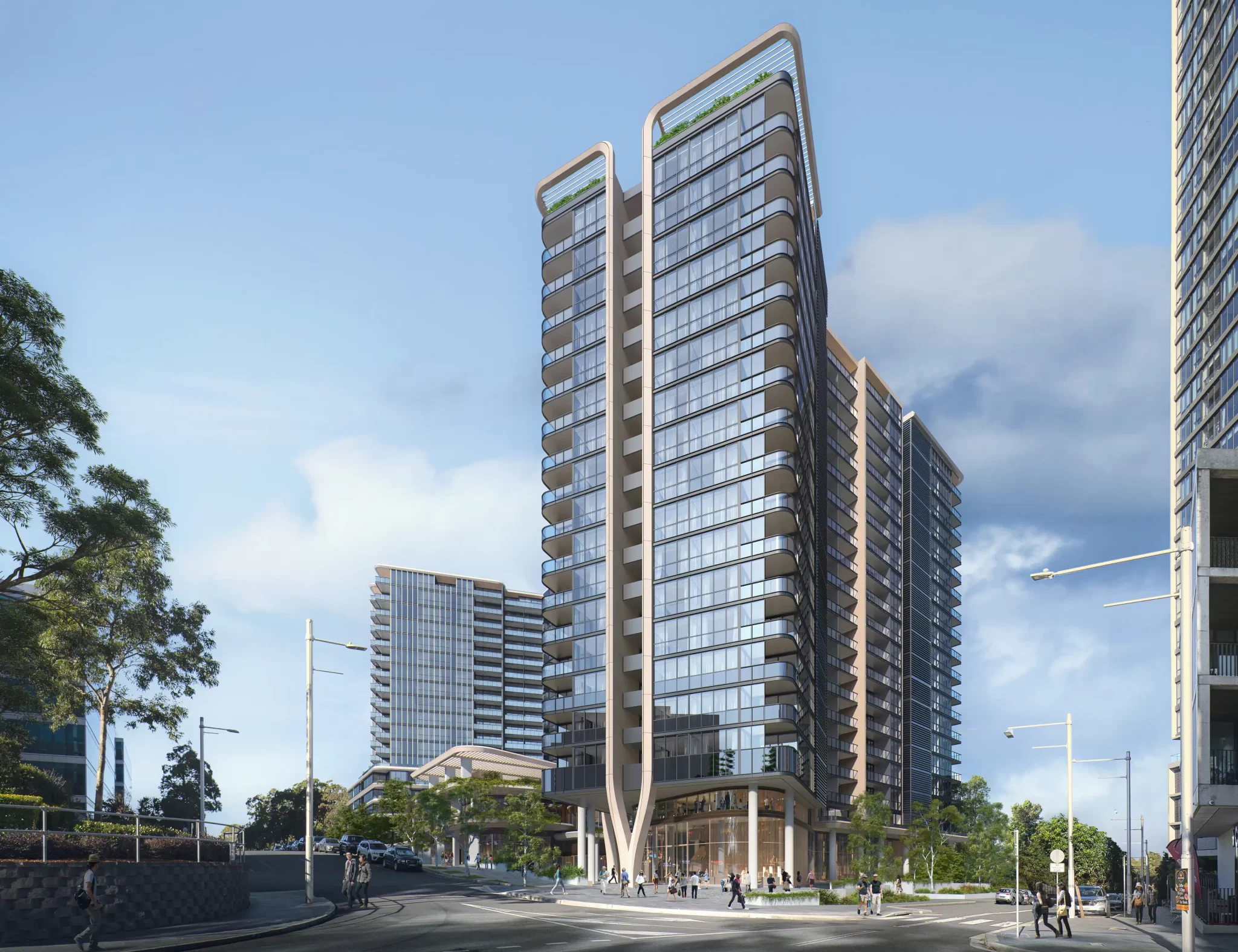 Render of a modern high-rise build-to-rent development with curved glass facades and street-level retail, located in North Ryde.