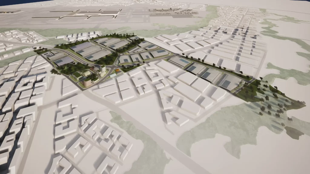 Aerial render of the approved IPG Badgerys Creek Road industrial master plan in the Aerotropolis Core, showing warehouse buildings, green corridors, and road connections near Western Sydney Airport.