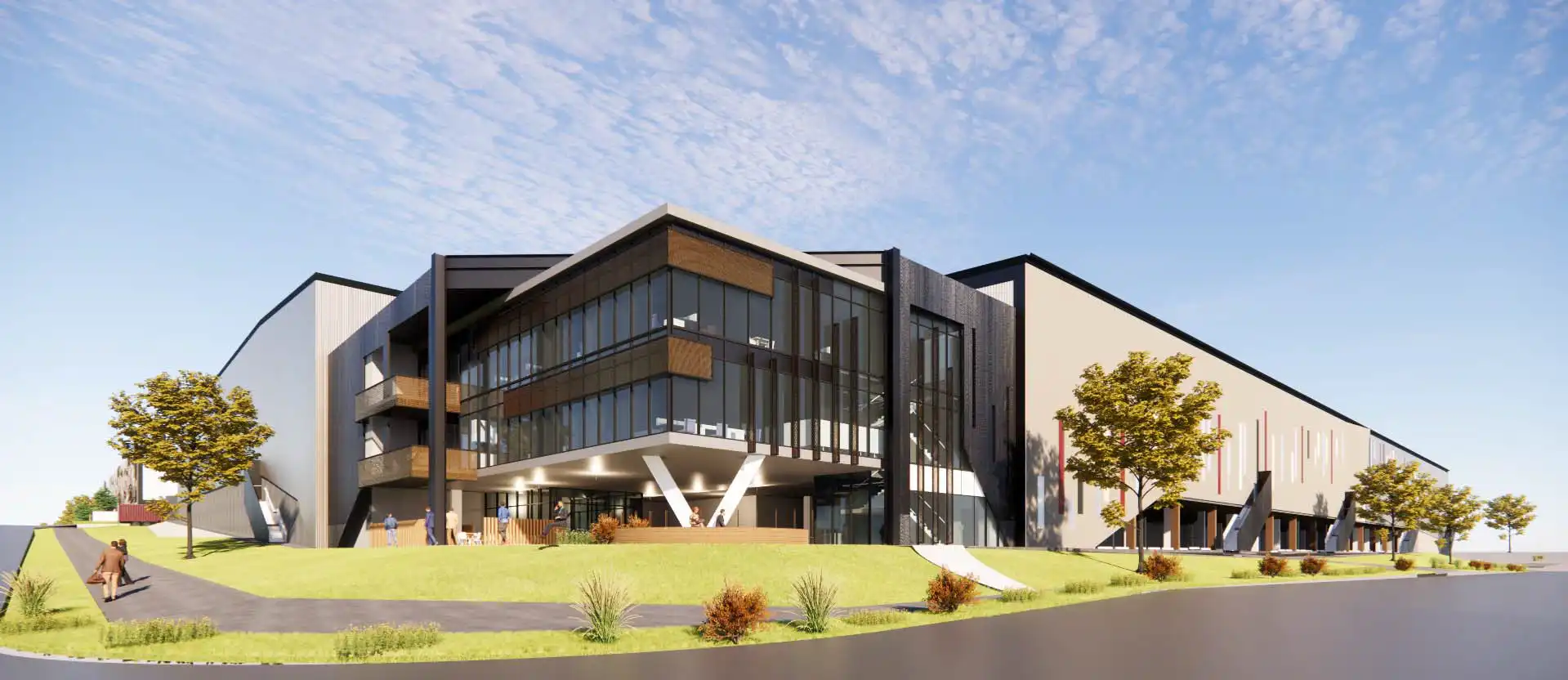 3D render of a modern industrial warehouse and office building by Dexus at Kemps Creek, featuring glass facades, landscaped grounds, and pedestrian pathways.
