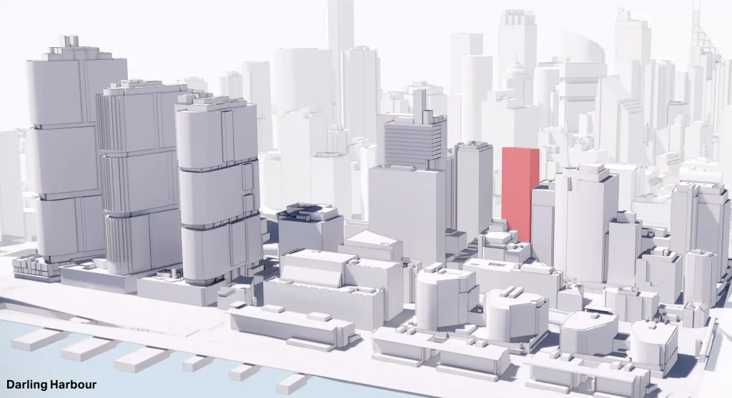 3D model of Sydney CBD showing the proposed hotel development at 301–305 Kent Street highlighted in red, near Darling Harbour.