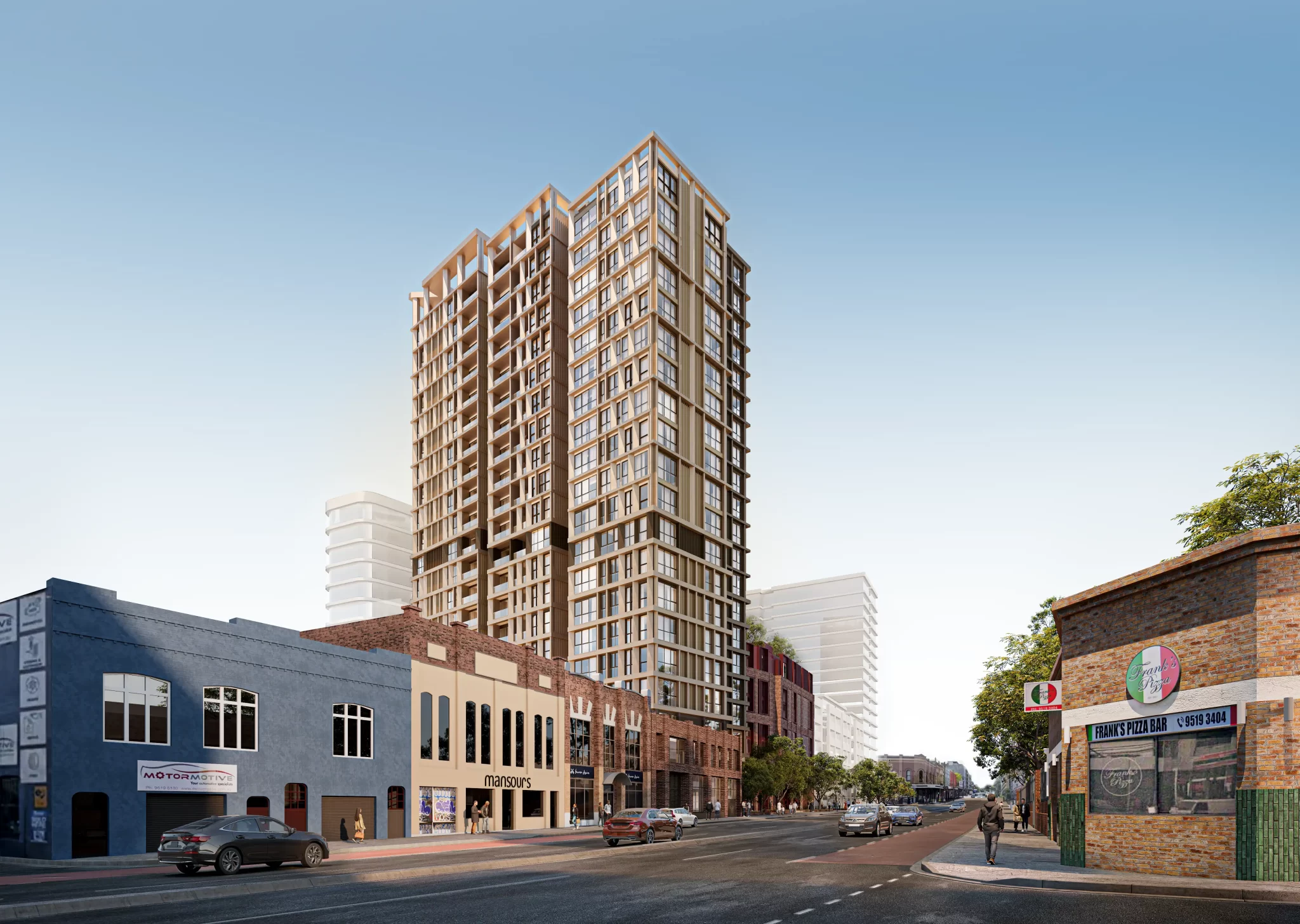 Render of a proposed 21-storey build-to-rent residential tower on Parramatta Road, Annandale, surrounded by heritage and low-rise buildings.