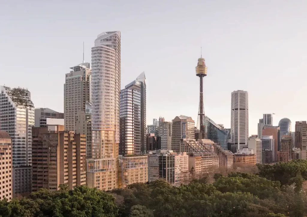 Rendering of a proposed 55-storey mixed-use tower at 201 Elizabeth Street, Sydney, viewed from Hyde Park with surrounding CBD skyline.