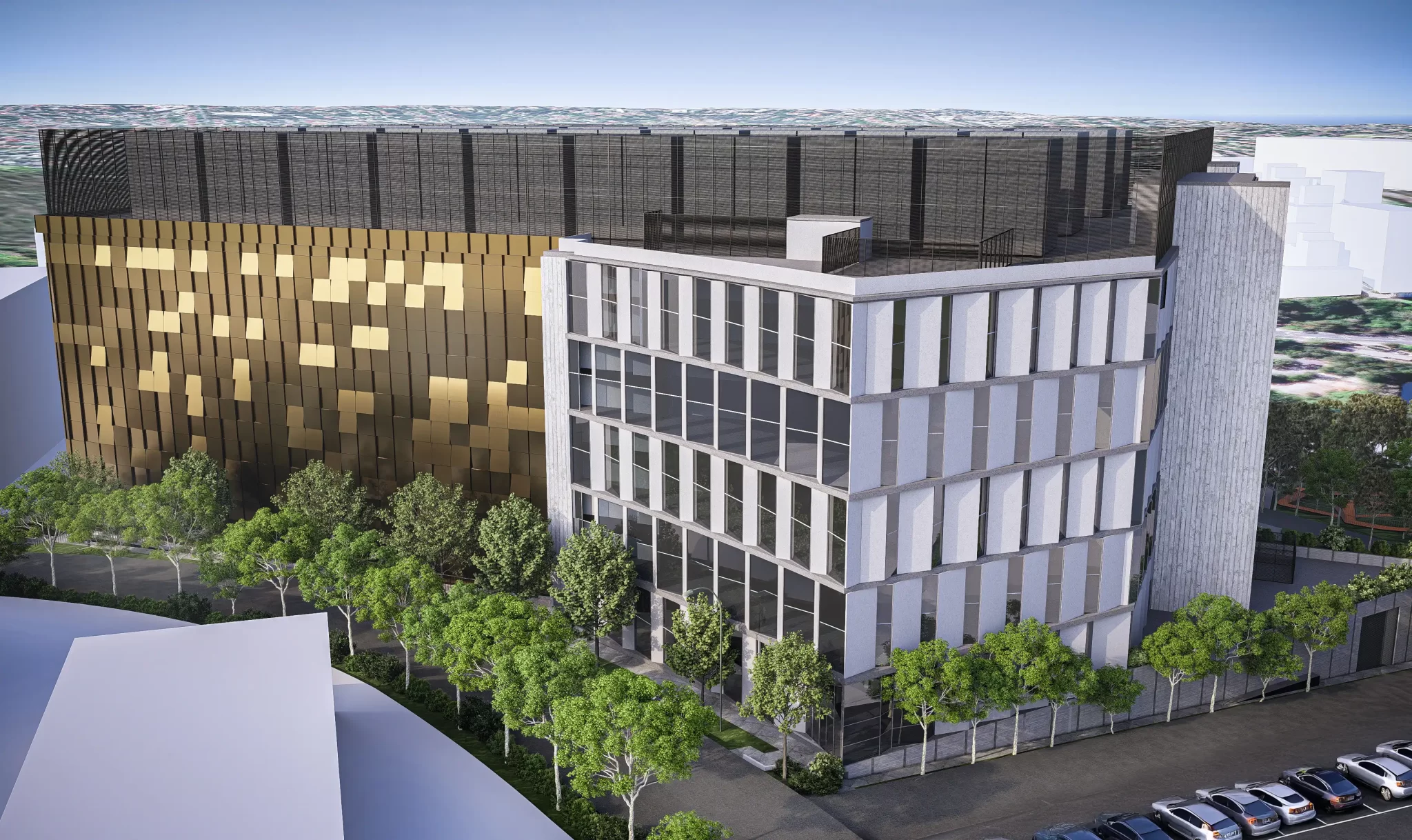 Render of proposed Julius Avenue Data Centre in Macquarie Park, showing six-storey office and gold-clad data hall behind.