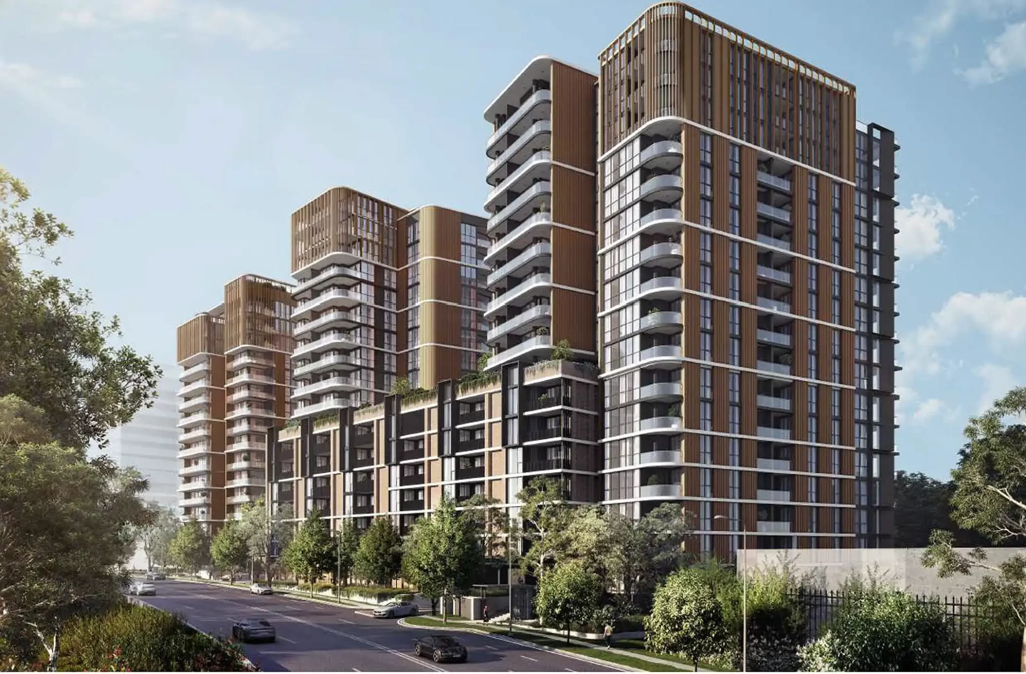 Street-level view of proposed mixed-use residential towers at 242–244 Beecroft Road, Epping, featuring articulated façades, rooftop greenery, and stepped building heights.