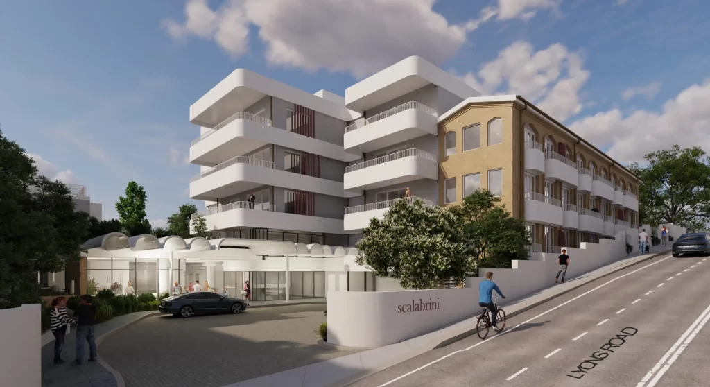 Architectural rendering of Scalabrini Harbourside Seniors Housing in Drummoyne, showing modern balconies added to heritage-style buildings along Lyons Road.