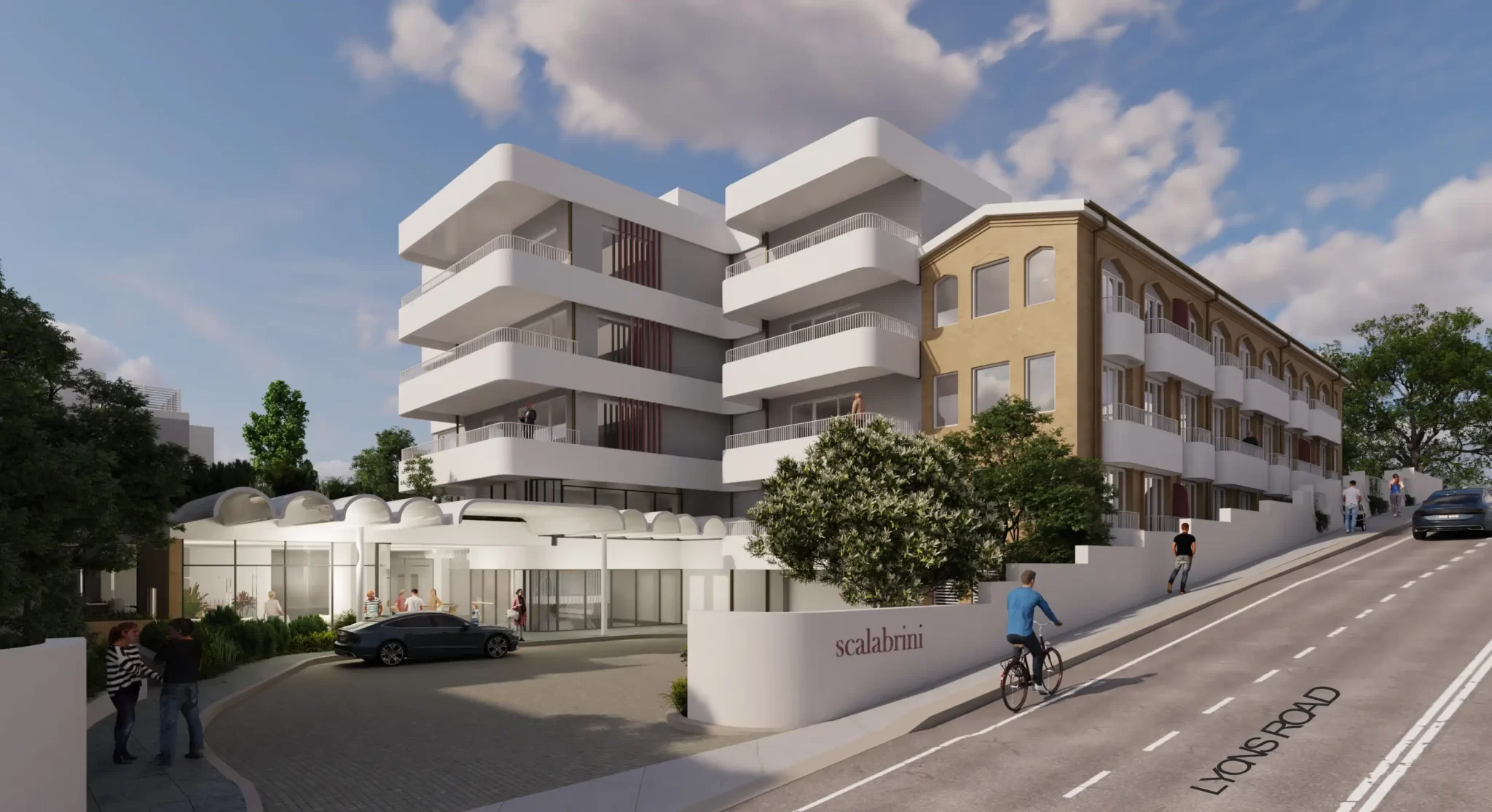 Architectural rendering of Scalabrini Harbourside Seniors Housing in Drummoyne, showing modern balconies added to heritage-style buildings along Lyons Road.