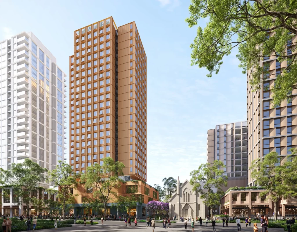 Architectural render of the proposed mixed-use tower at Waterloo Metro Quarter Central Precinct.