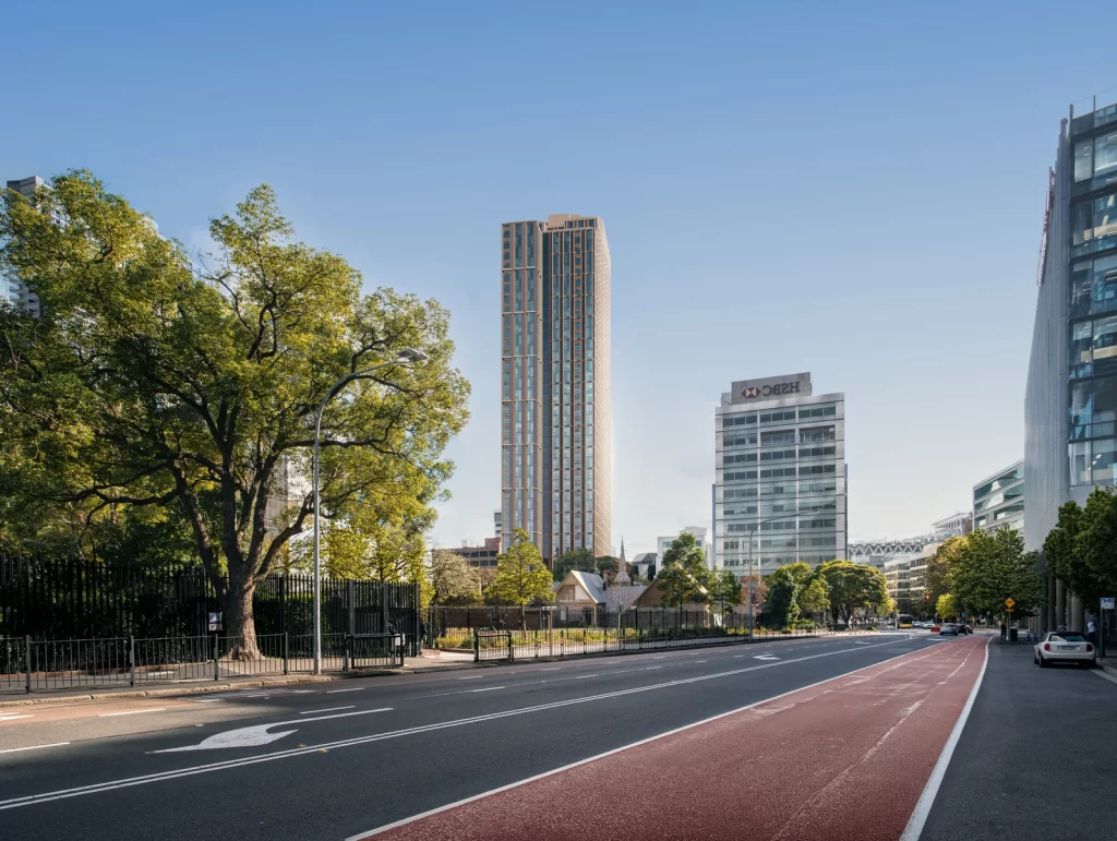 Architectural render of the proposed 40-storey build-to-rent tower at 1 Barrack Lane, Parramatta.