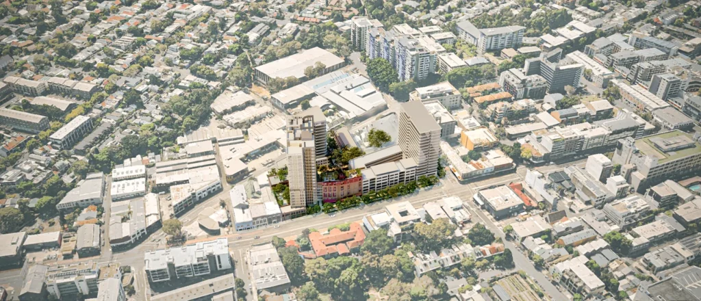 Architectural drawing of the proposed build-to-rent tower at the former WestConnex Dive Site in Annandale.