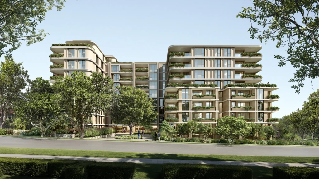 Architectural rendering of a nine-storey residential apartment building with curved façades, extensive greenery on balconies, and mature trees at street level.