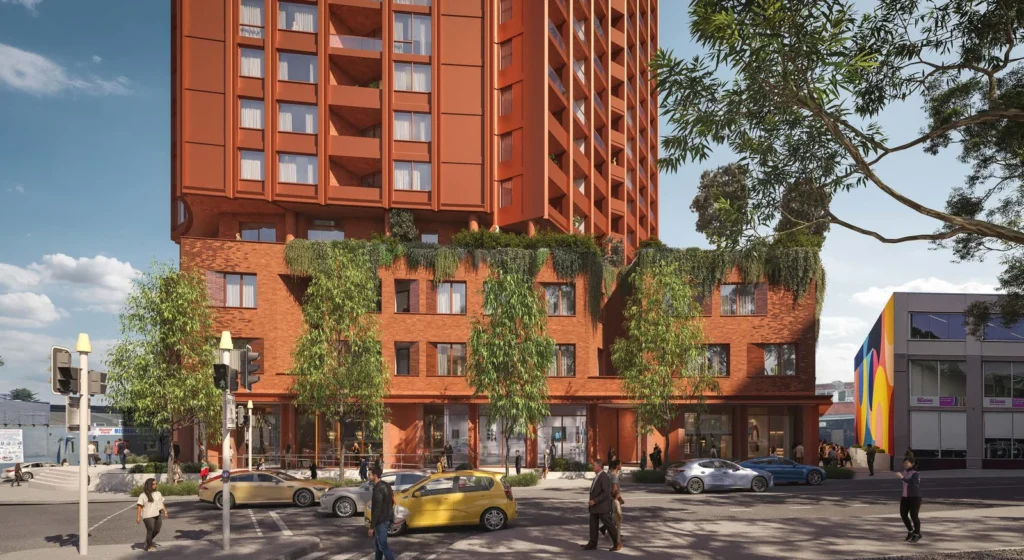 Architectural render of the proposed development at Pyrmont Bridge and Parramatta Road.