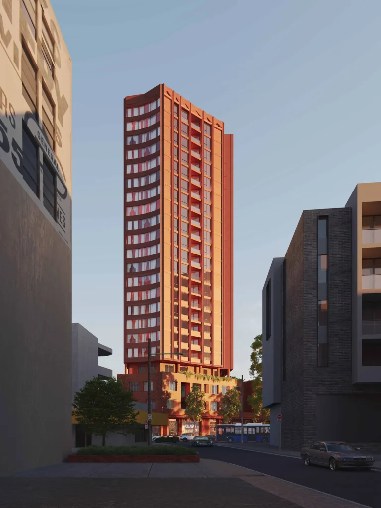 Architectural plan drawing for the proposed mixed-use development at Pyrmont Bridge and Parramatta Road.