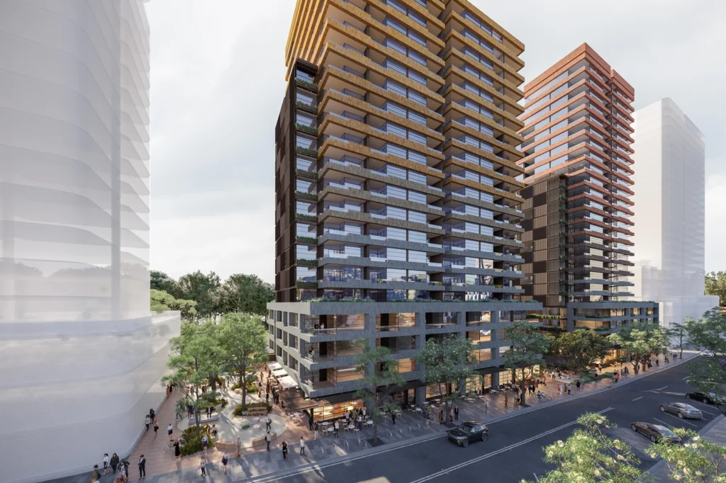 Architectural drawing of the proposed Rhodes East mixed-use seniors housing development.