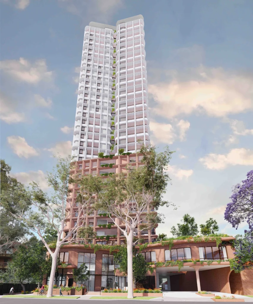 Architectural render of the proposed mixed-use tower at 691-699 Pacific Highway, Chatswood.