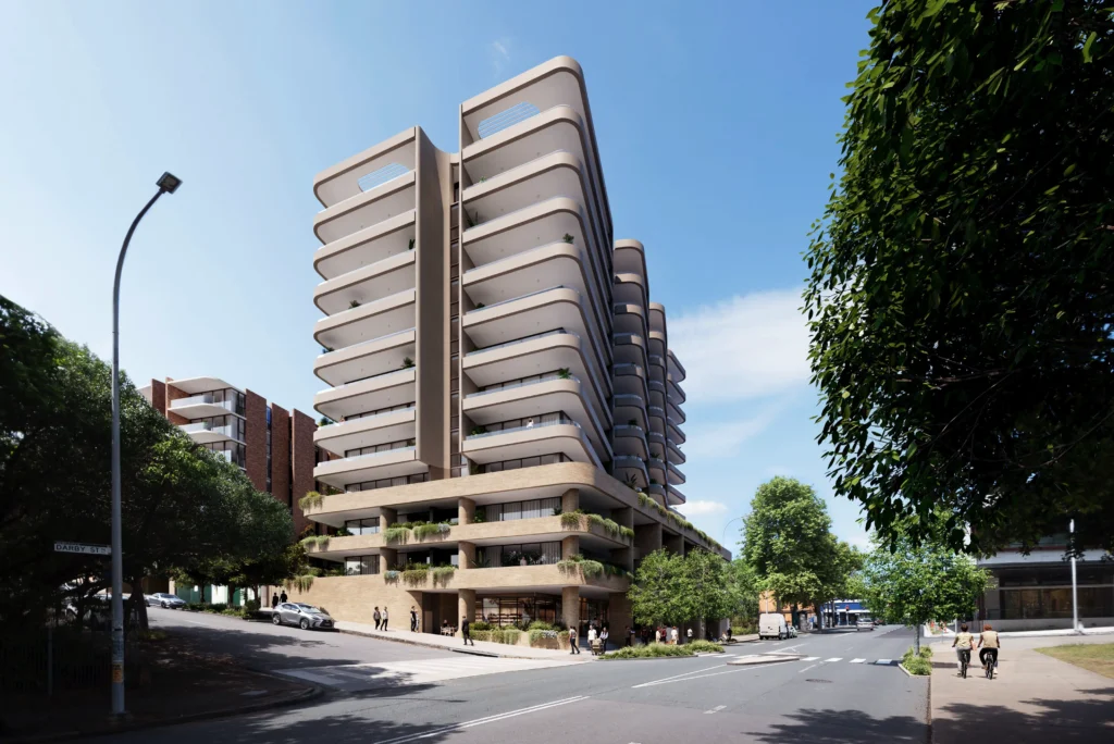 Street-level view of a proposed 13-storey residential tower with curved balconies and brick podium, located on Darby Street, Cooks Hill.